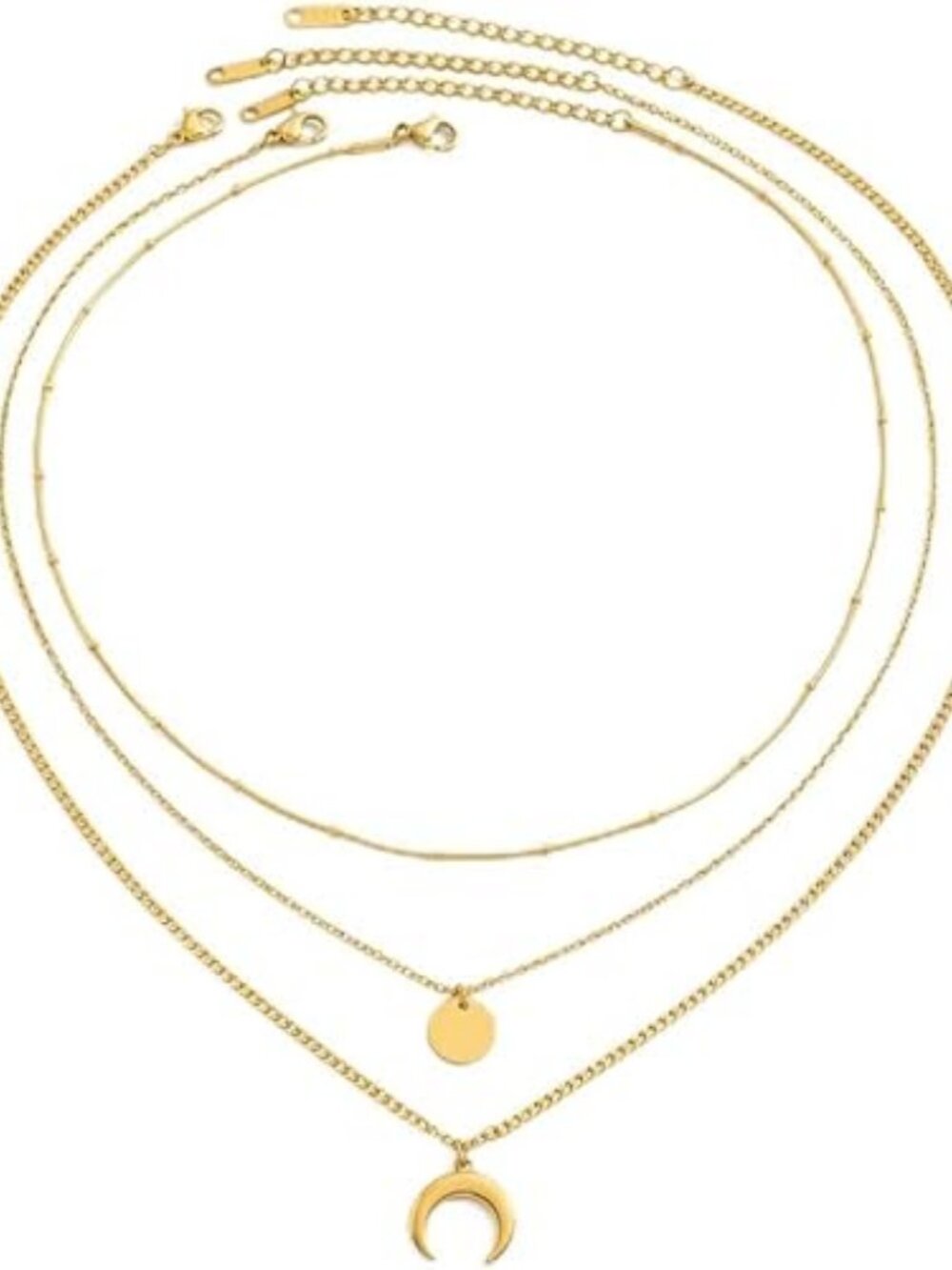 18K Gold Plated Layered Herringbone Necklace Set Moon Coin Pendant - Picture 6 of 6